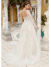 One Shoulder Beaded Ivory Lace Tulle Slit Charming Wedding Dress